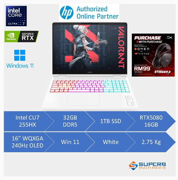 HP OMEN MAX 16 inch Gaming Laptop 16-AH0139TX, White (Intel CU7, 32gb, 1TB SSD, Nvidia RTX5080,Win11) | Shopee Malaysia