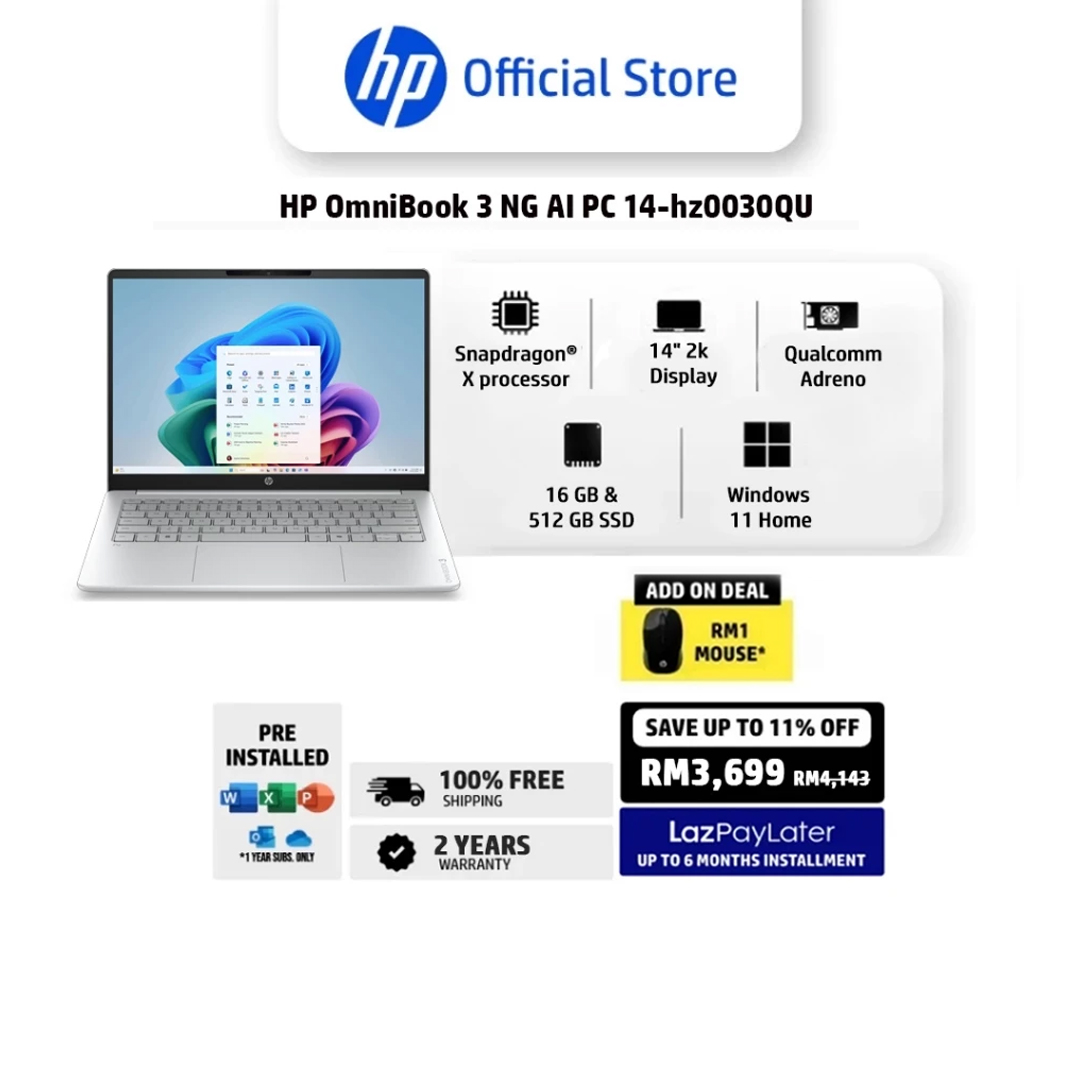 HP OmniBook 3 Laptop Next Gen AI 14-hz0030QU | Snapdragon X | Qualcomm Adreno | 16 GB RAM | 512 GB SSD | Windows 11 Home