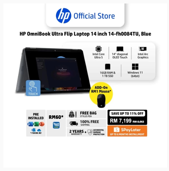 HP OmniBook Ultra Flip Laptop 14 inch 14-fh0084TU, Blue | Intel Core Ultra 5 Processor | Intel Arc Graphics | 14" 3K OLED Touch Display | 16GB RAM | 1TB SSD | Windows 11 Home | 2 Years Warranty | Shopee Malaysia