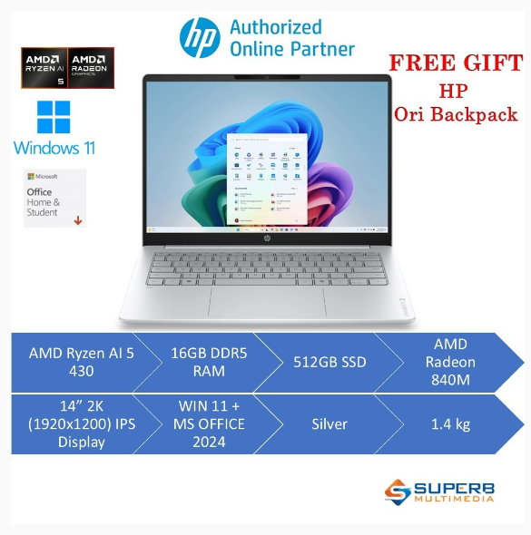 HP OmniBook 3 14 inch Laptop Next Gen AI 14-hv0027AU (RYZEN AI 5 430, 16gb ram, 512gb ssd, Radeon 840M, 14" 2K IPS, Win11, OPI24) | Shopee Malaysia