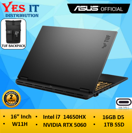 ASUS TUF Gaming F16 (FX608J-MRRV058W) | Intel i7-14650HX / 16GB D5 / 1TB SSD / 16" Inch / RTX 5060 / W11H+M24H / 2YW