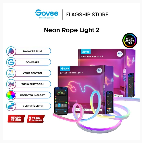 Govee Neon Rope Light 2 3M/5M with Music Sync Matter DIY Lighting Mode LED Light Strip RGB Light Gaming Light | Shopee Malaysia