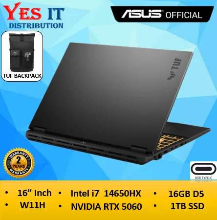 ASUS TUF Gaming F16 (FX608J-MRRV058W) | Intel i7-14650HX / 16GB D5 / 1TB SSD / 16" Inch / RTX 5060 / W11H+M24H / 2YW