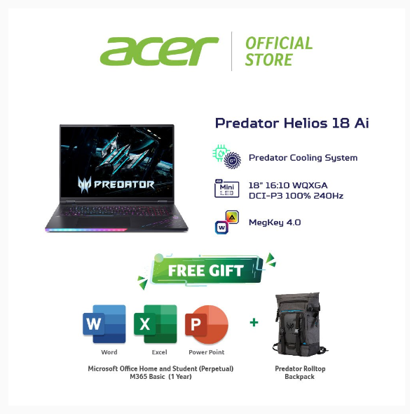 Acer Predator Helios 18 Ai PH18-73-99SQ Gaming Laptop (Intel® Core™ Ultra 9/ RTX™ 5080 16GB/ 96GB DDR5/ 192GB SSD) | Shopee Malaysia