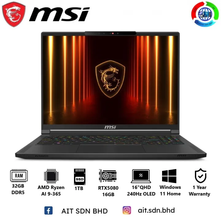 MSI Stealth A16 AI+ A3HWIG-073US 16"QHD 240Hz OLED Gaming Laptop AMD Ryzen AI 9-365 32GB 1TB SSD RTX5080 16GB W11 | Lazada Malaysia