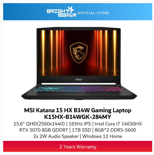 MSI Katana 15 HX B14WGK 284 (15.6" QHD IPS 165Hz/i7-14650HX/16GB DDR5/1TB SSD/RTX5070/Win11/2Y) - K15HX-B14WGK-284MY | Shopee Malaysia