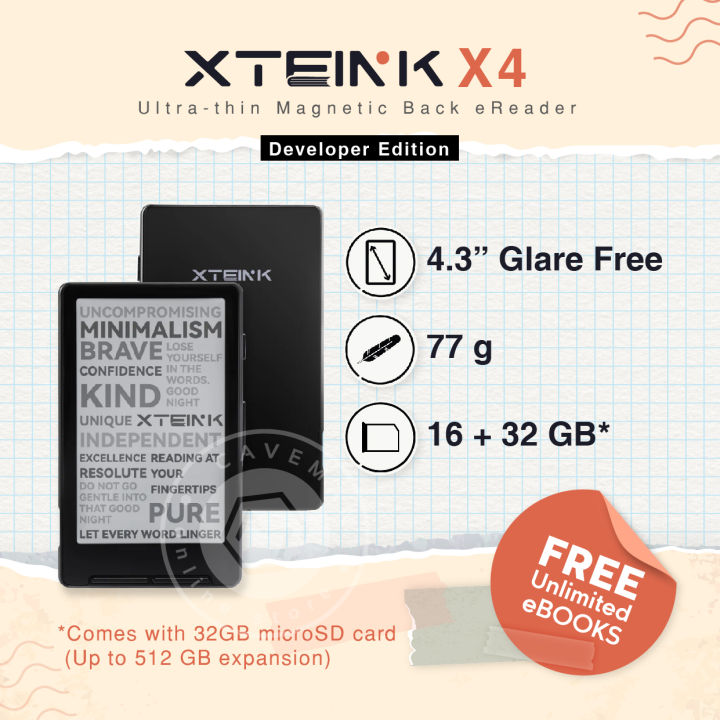 Xteink X4 (Global Firmware) - 16 GB + 4.3 Inch Pocket eReader | Unlimited eBooks Package
