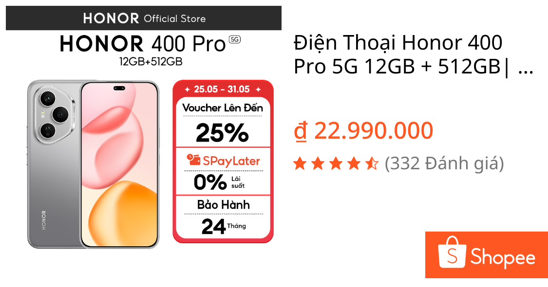 Điện Thoại Honor 400 Pro 5G 12GB + 512GB| AI Camera 200MP, Sạc Nhanh 100W | Snapdragon 8 Gen 3 | BH 24 Tháng | Shopee Việt Nam