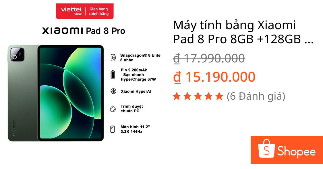 Máy tính bảng Xiaomi Pad 8 Pro 8GB +128GB | Pin 9200mAh | Màn hình 3.2K 144Hz | Snapdragon 8 Elite | Shopee Việt Nam
