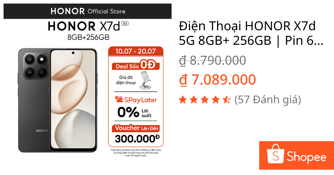 Điện Thoại HONOR X7d 5G 8GB+ 256GB | Pin 6500mAh | 6.77 inch | Snapdragon 6s Gen 3 | BH 18 Tháng | Shopee Việt Nam