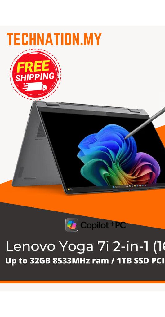 [2025][AI] Lenovo Yoga 7i 2-in-1 16 Gen 10 (Intel Ultra 7 258V/OLED/1.77KG) | Shopee Malaysia