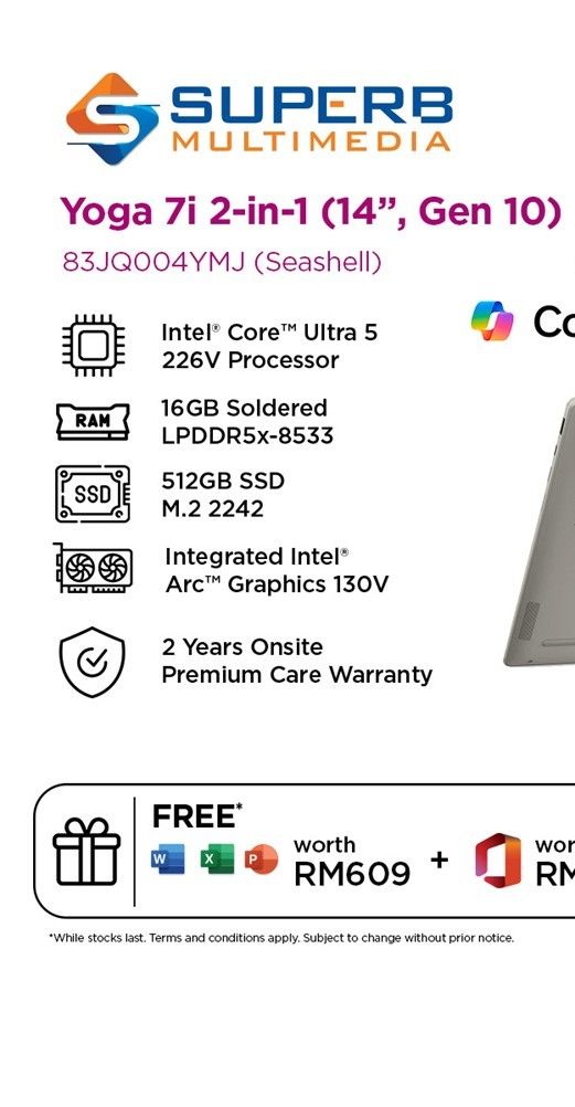 Lenovo Yoga 7i 2 in 1 83JQ004YMJ AI Powerful Laptop (Intel Core Ultra 5 226V, Intel Arc Graphics 130V, 16GB Ram, 512 SSD, 14" OLED, Touch, W11+OPI) | Shopee Malaysia