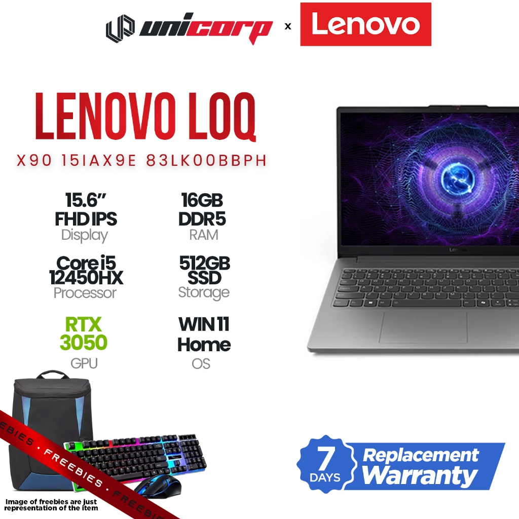 LENOVO LOQ ESSENTIAL X90 15IAX9E 83LK00BBPH i5-12450HX | 16GB |512GB | RTX3050 | Win 11 | LUNA GREY | Shopee Philippines