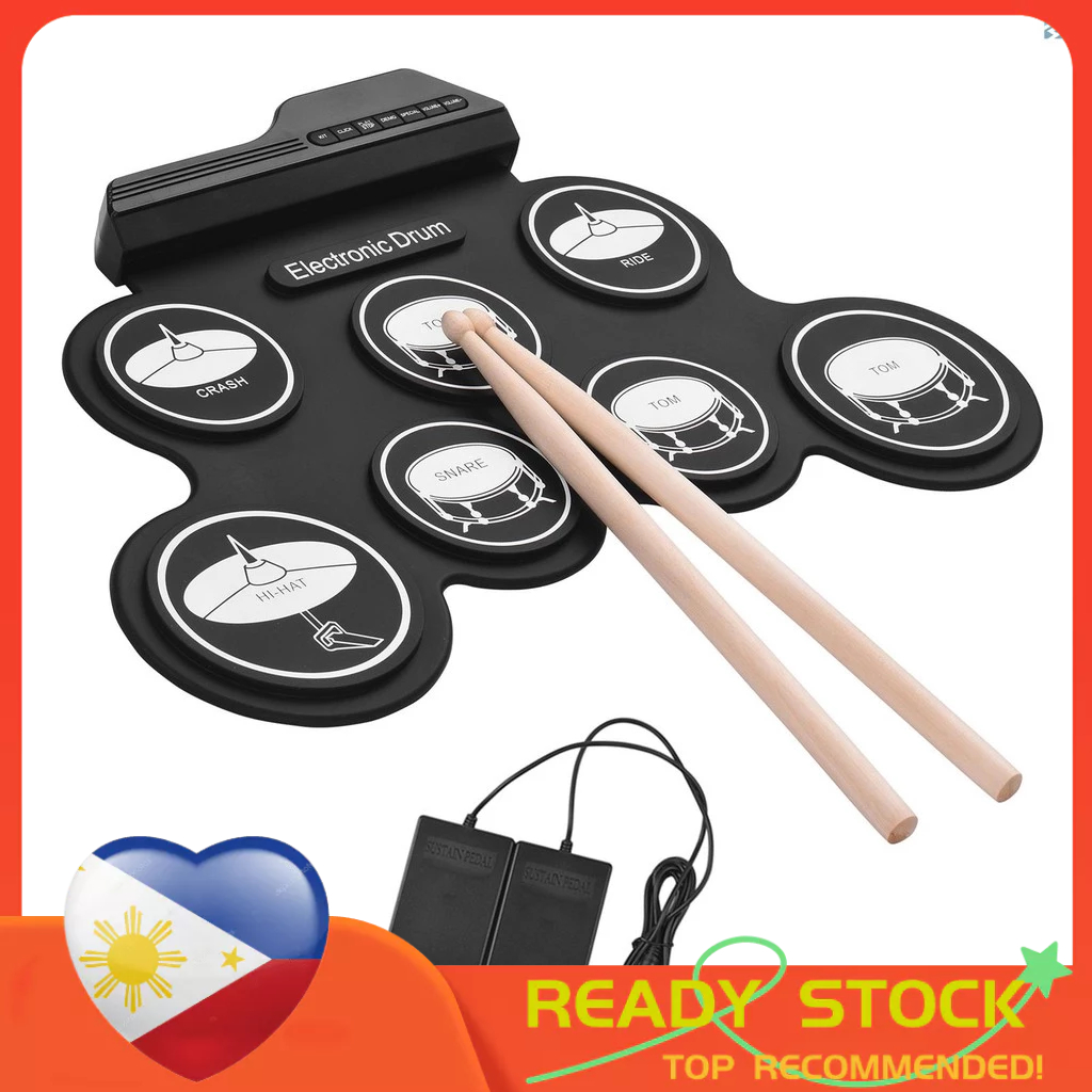 Compact Size USB Roll-Up Silicon Drum Set Digital Electronic Drum Kit 7 Drum Pads with Drumsticks Foot Pedals for Beginners Children Kids | Shopee Philippines