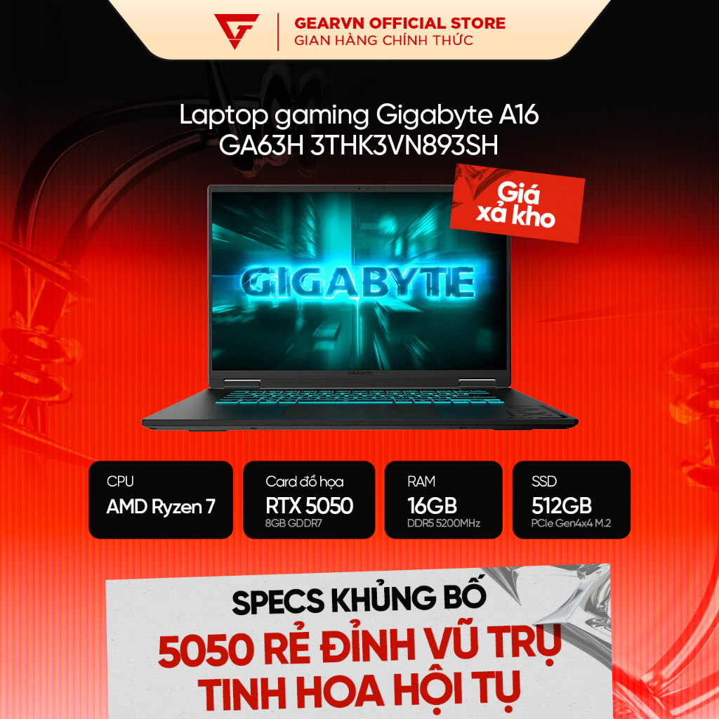 Laptop gaming Gigabyte A16 GA63H 3THK3VN893SH | AMD Ryzen 7 260 | NVIDIA RTX™ 5050 BH 24 tháng | Shopee Việt Nam