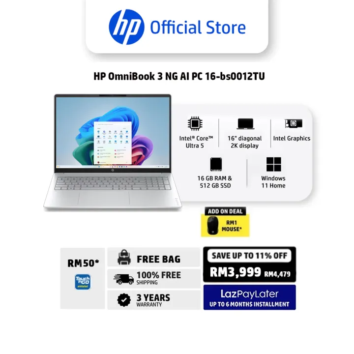 HP OmniBook 3 16 inch Laptop Next Gen AI 16-bs0012TU Silver | Intel Core Ultra 5 | 2K display | 16GB RAM | 512 GB SSD | Windows 11 Home | 2 Years Warranty