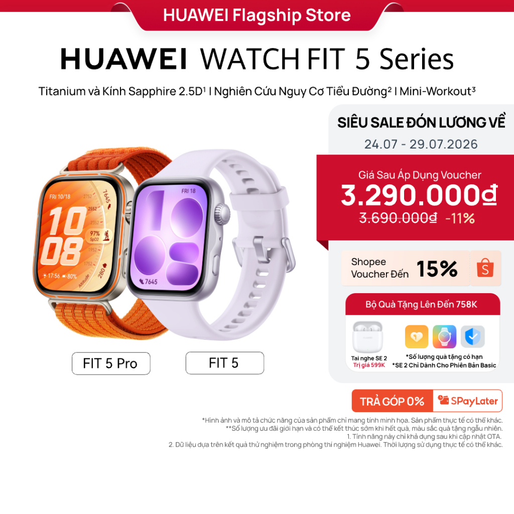 Đồng Hồ Thông Minh HUAWEI WATCH FIT 5 Series |Titanium & Kính Sapphire 2.5D| Nghiên Cứu Nguy Cơ Tiểu Đường| Mini-Workout | Shopee Việt Nam