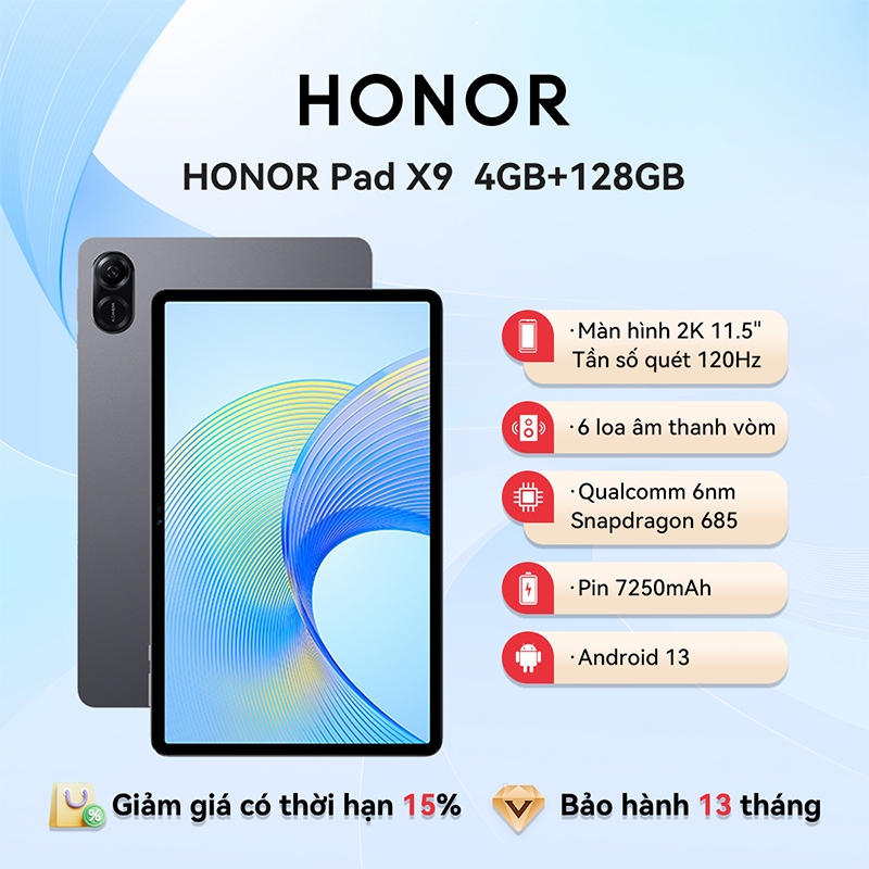 Máy tính bảng HONOR Pad X9 (WiFi) 4GB+128GB | 100% hàng mới và chính hãng|BH 13 tháng| Pin 7250mAh | Shopee Việt Nam