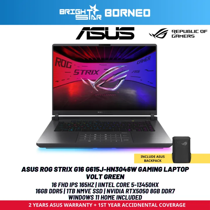 ASUS ROG STRIX G16 G615J-HN3046W Gaming Laptop - 16" FHD IPS 165HZ / I5-13450HX / 16GB DDR5 / 1TB NVME SSD / NVIDIA RTX5050 8GB DDR7 / W11 / 2YRS