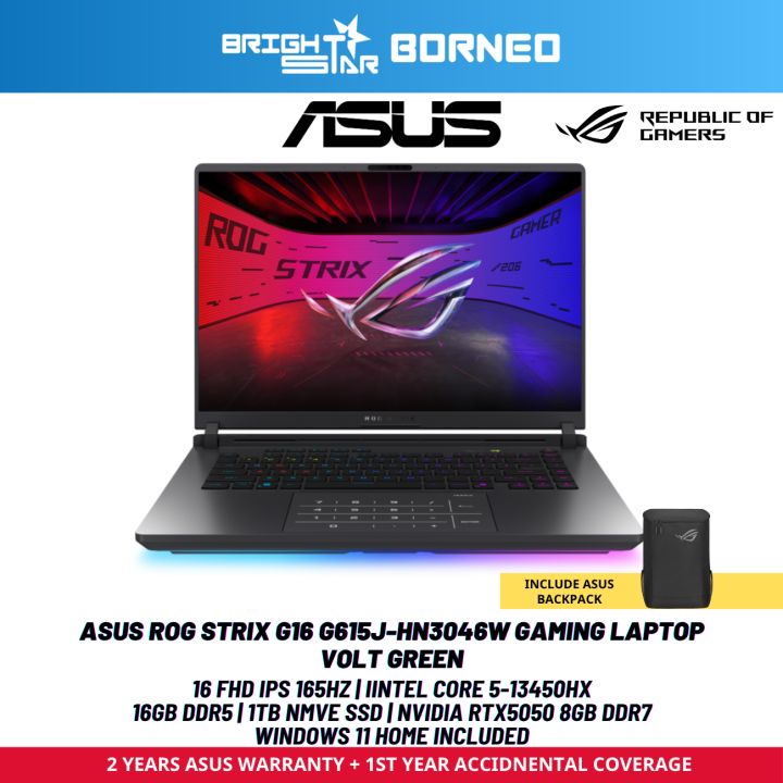 ASUS ROG STRIX G16 G615J-HN3046W Gaming Laptop - 16" FHD IPS 165HZ / I5-13450HX / 16GB DDR5 / 1TB NVME SSD / NVIDIA RTX5050 8GB DDR7 / W11 / 2YRS