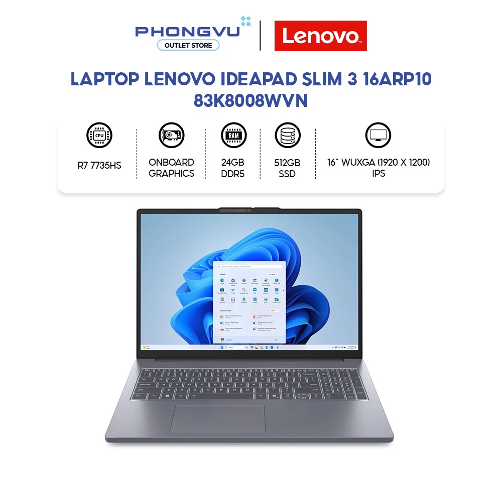 Laptop Lenovo Ideapad Slim 3 16ARP10 - 83K8008WVN (Ryzen 7 7735HS/ 24GB/ 512GB/ Win 11 Home SL) - Bảo hành 36 tháng | Shopee Việt Nam