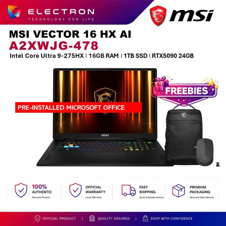 MSI Vector 16 HX AI A2XWJG-478 16'' QHD+ Gaming Laptop ( U9 275HX, 16GB, 1TB SSD, RTX5090 24GB, W11PRO ) | Lazada Malaysia