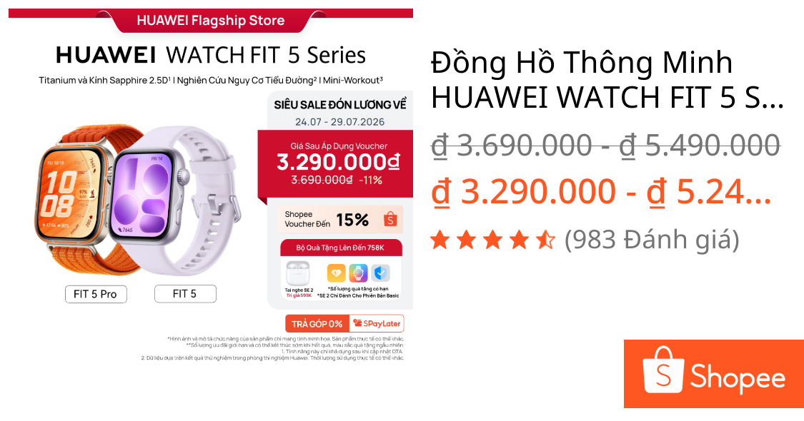 Đồng Hồ Thông Minh HUAWEI WATCH FIT 5 Series |Titanium & Kính Sapphire 2.5D| Nghiên Cứu Nguy Cơ Tiểu Đường| Mini-Workout | Shopee Việt Nam