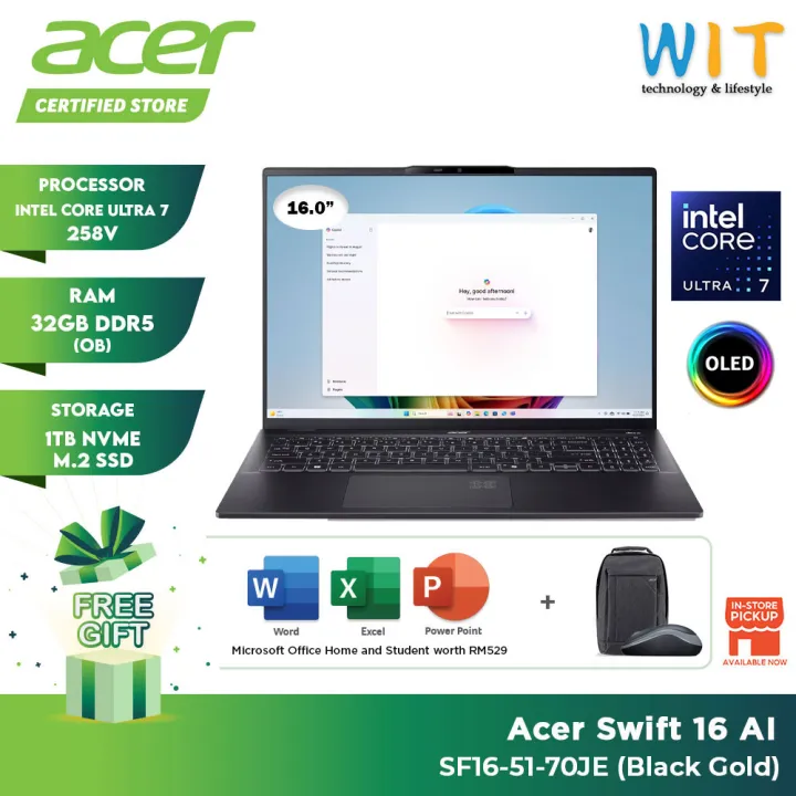 Acer Swift 16 AI SF16-51-70JE (Intel Core Ultra 7 258V/32GB RAM/1TB SSD/16''WQXGA OLED/Office/W11/2 Years Warranty) | Lazada Malaysia