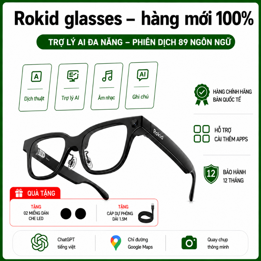 Kính Rokid Glasses RV101 BẢN QUỐC TẾ - Chatgpt tiếng Việt, phiên dịch 89 ngôn ngữ, quay video, chụp | Shopee Việt Nam