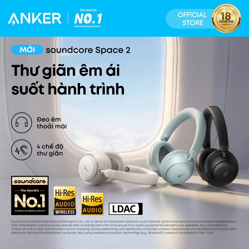 Tai nghe Bluetooth Anker soundcore Space 2 chống ồn vượt trội, đeo êm thoải mái, có chế độ thư giãn, pin tới 70H | Shopee Việt Nam