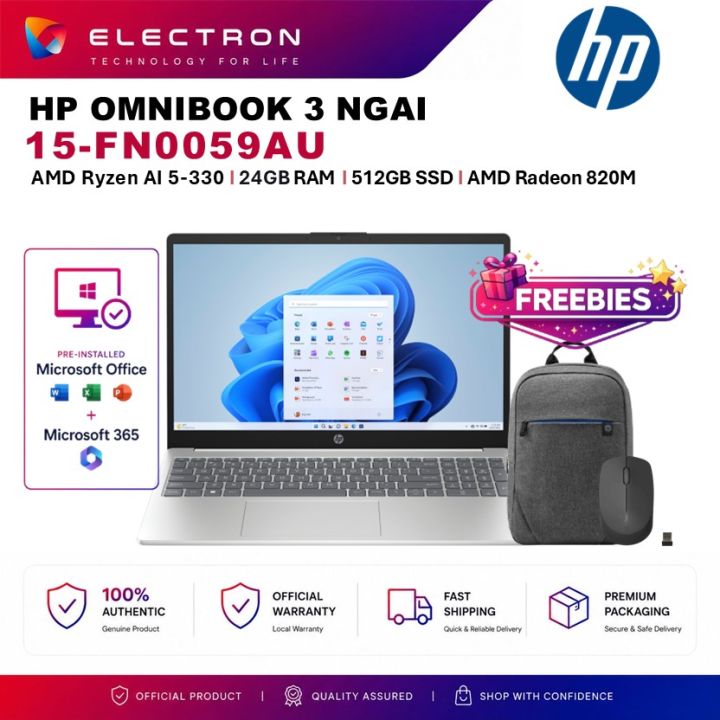 HP OmniBook 3 NGAI 15-fn0059AU 15.6" FHD Laptop Glacier Silver ( AI 5 330 24GB 512GB SSD ATI W11 HS+M365 )
