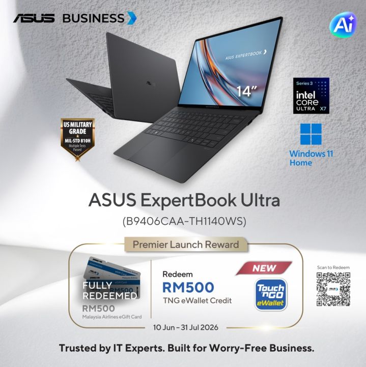 [NEW ARRIVAL] Asus ExpertBook Ultra ( B9406CAA-TH1140WS ) Jet Fog | Intel Core Ultra X7 358H | 32GB | 1TB | 14" WQXGA+ | Copilot PC+ | 3 Years On-Site Warranty