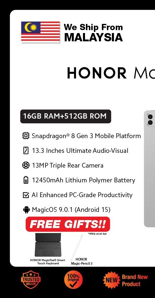 Honor MagicPad 3 Tablet | Qualcomm Snapdragon 8 Gen 3 | 13.3" IPS LCD Display | 12450 mAh Battery | Shopee Malaysia