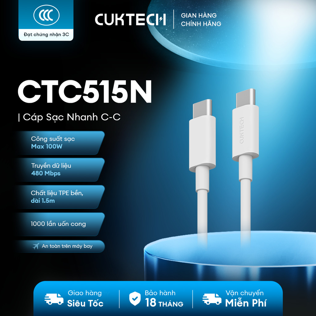 Cáp Sạc Nhanh CUKTECH CTC515N C-C | Công Suất Sạc Max 100W | Truyền Tải Dữ Liệu 480Mbps | Bảo Hành 18 Tháng | Shopee Việt Nam