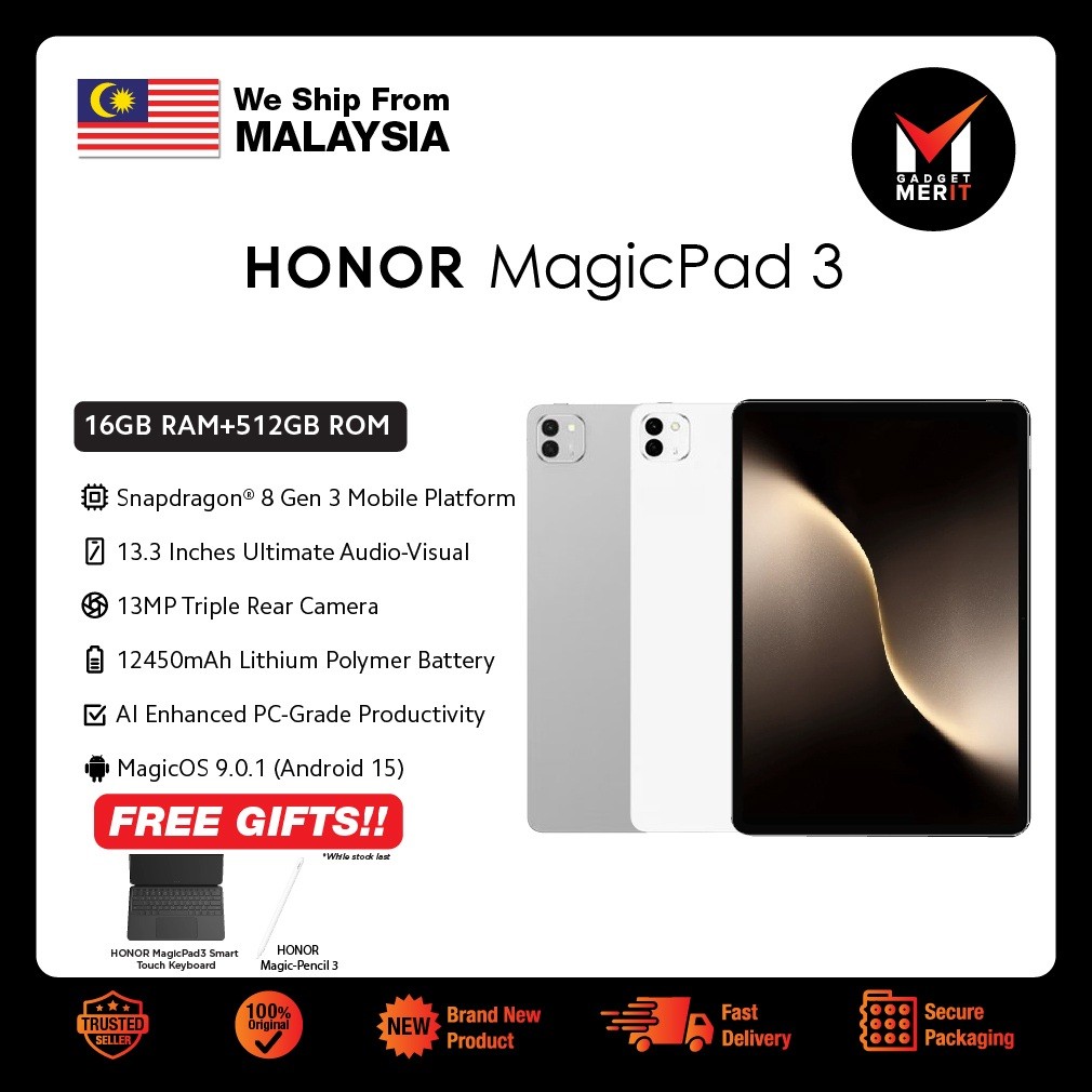 Honor MagicPad 3 Tablet | Qualcomm Snapdragon 8 Gen 3 | 13.3" IPS LCD Display | 12450 mAh Battery | Shopee Malaysia