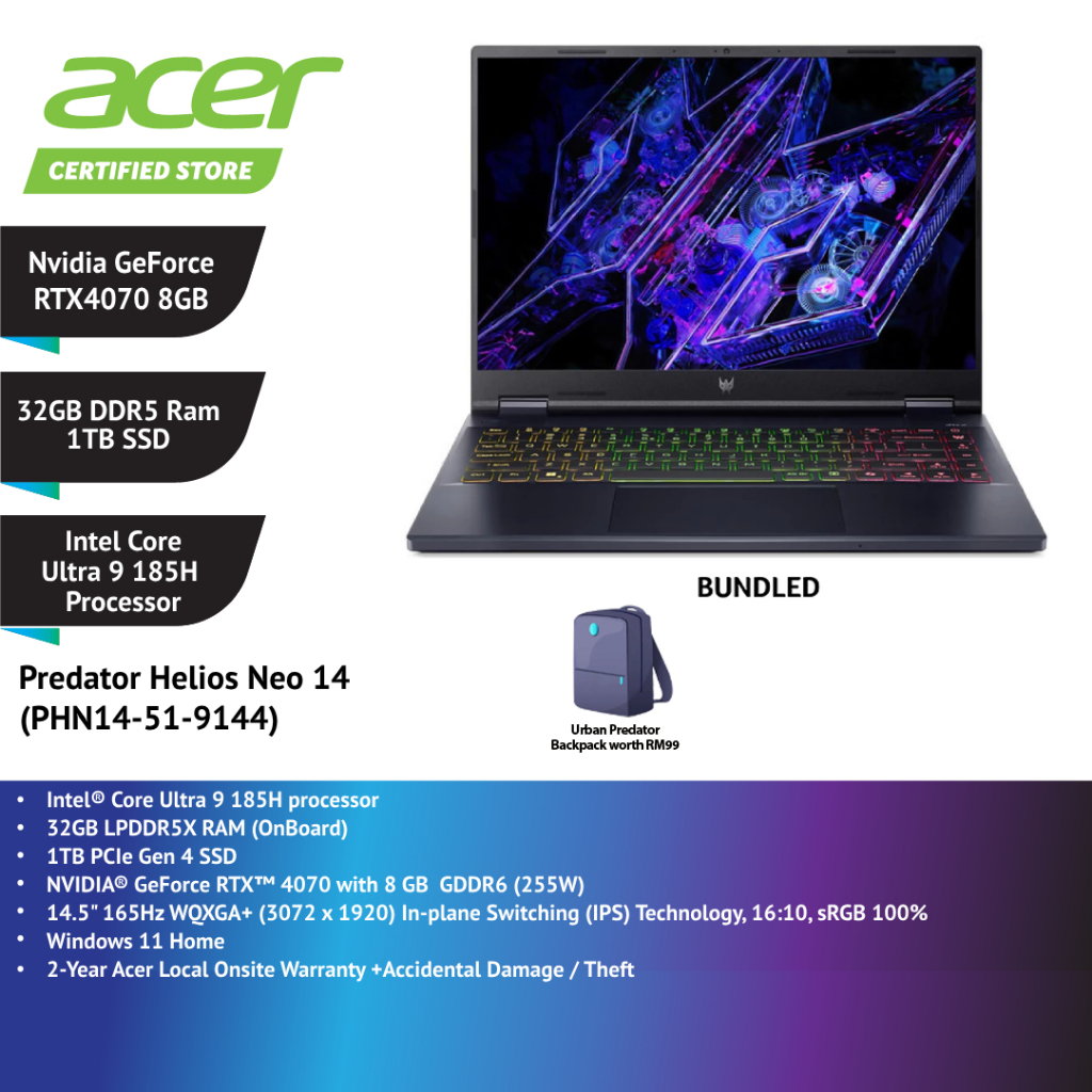 Acer Predator Helios Neo 14 PHN14-51-9144 14.5" WQXGA+ 165Hz Gaming Laptop ( CU9 185H, 32GB, 1TB SSD, RTX4070 8GB, W11 ) | Shopee Malaysia