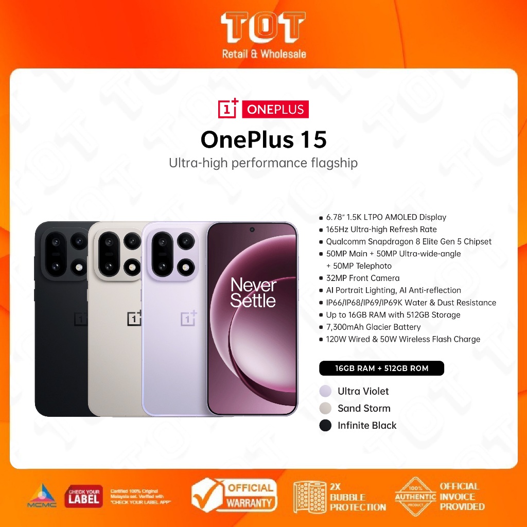 OnePlus 15 (16+512GB) 6.78" 165Hz LTPO OLED Display I Snapdragon 8 Elite Gen 5 I 50MP Triple Rear Camera | Shopee Malaysia