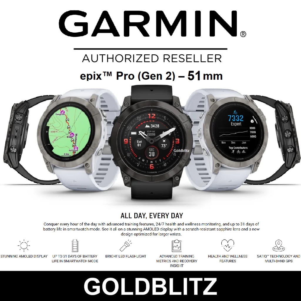 Garmin Epix Pro (Gen 2) 51mm Premium Multisport Smartwatch Solar Titanium Sapphire AMOLED GPS Flash Light | Shopee Malaysia