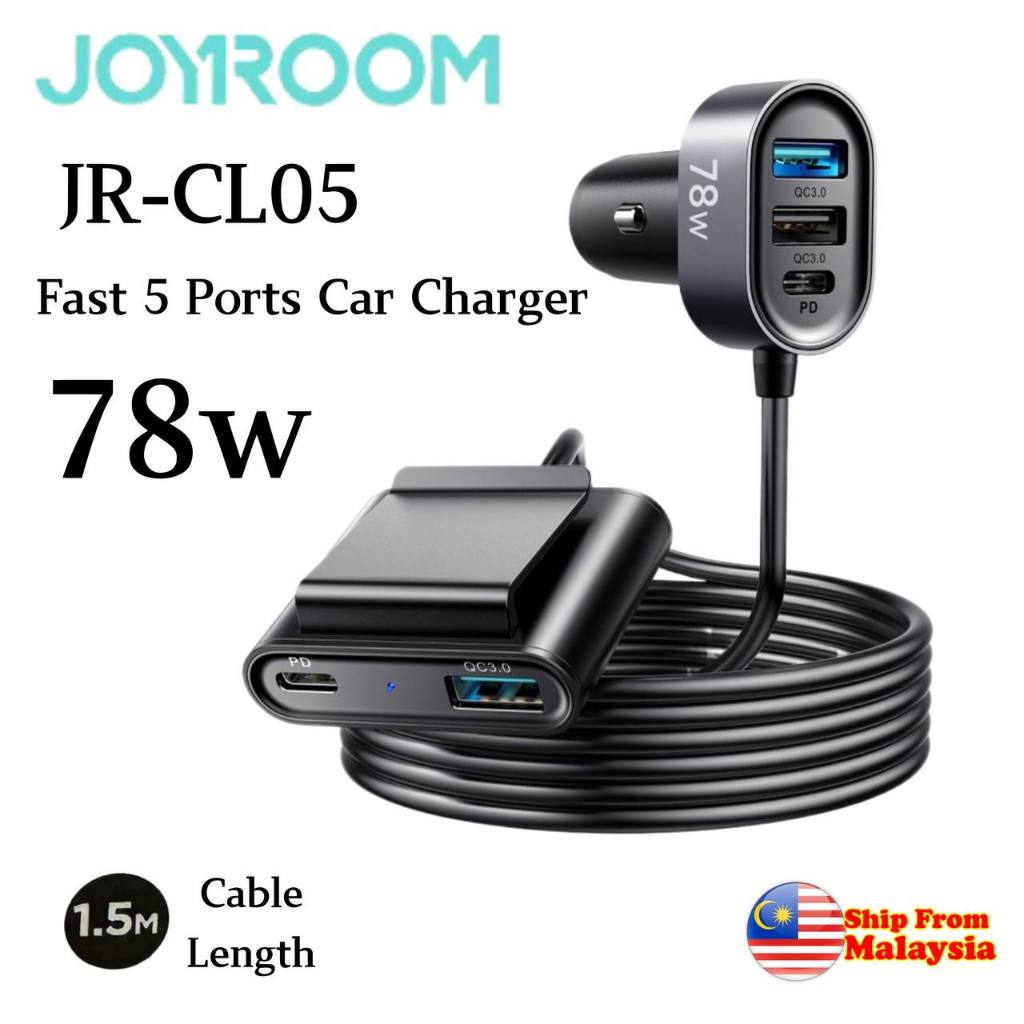 Joyroom JR-CL05 78W Car Charger Fast 5-in-1 USB Car Charger PD 3.0 QC 4.0 Type C Multi Car Charger Adapter with 1.5m | Shopee Malaysia