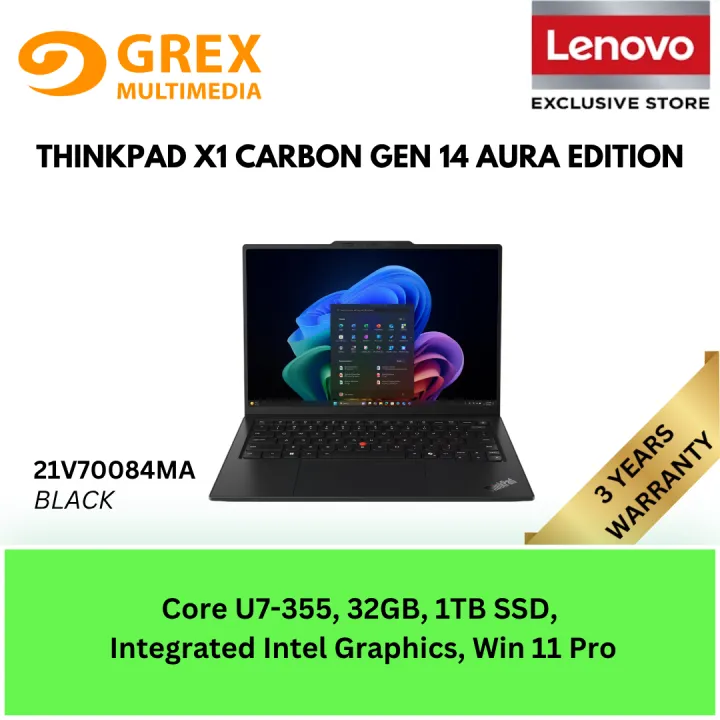Lenovo ThinkPad X1 Carbon Gen 14 Aura Edition 21V70084MA Laptop (Ultra 7-355, 32GB, 1TB, 14" IPS, 60Hz, Touch) FREE BAG | Lazada Malaysia