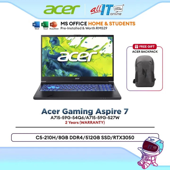 Acer Acer Aspire 7 Gaming Laptop (A715-59G-54Q6 /A715-59G-527W) C5-210H/8GB DDR4/512GB SSD/15.6" FHD 144Hz/RTX3050 | Lazada Malaysia