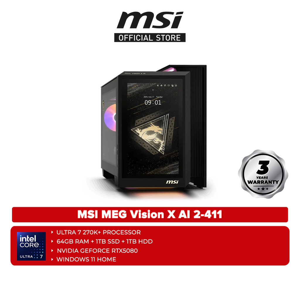 MSI MEG Vision X AI 2-411 Gaming Desktop ( CU7-270K+, 64GB, 1TB SSD + 1TB HDD, RTX 5080 16GB, W11 ) | Shopee Malaysia