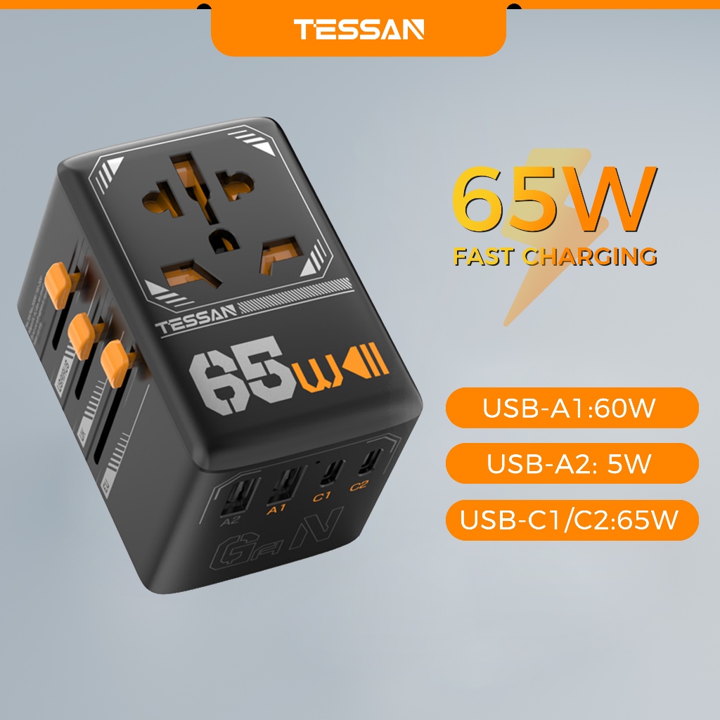 TESSAN Universal Travel Adapter Worldwide, 65W International Plug Adaptor with 2 USB + Type C | Shopee Malaysia