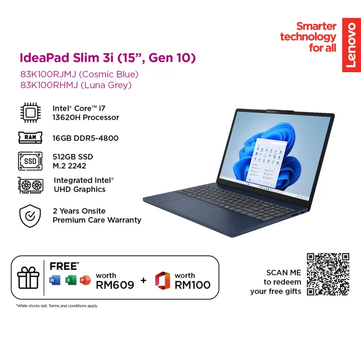 LENOVO IDEAPAD SLIM 3 15IRH10 83K100RJMJ / 83K100RHMJ LAPTOP (I7-13620H 16GB RAM 512GB SSD 15.3" WUXGA BLUE-W11H&S+M365)