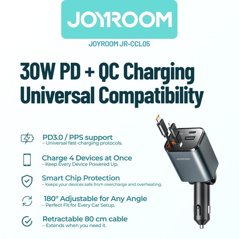 Joyroom CCL05 | Car Charger Pintar 4-in-1 Retractable PD30W QC3.0 | Lightning + Type-C + USB-C + USB-A | Shopee Malaysia