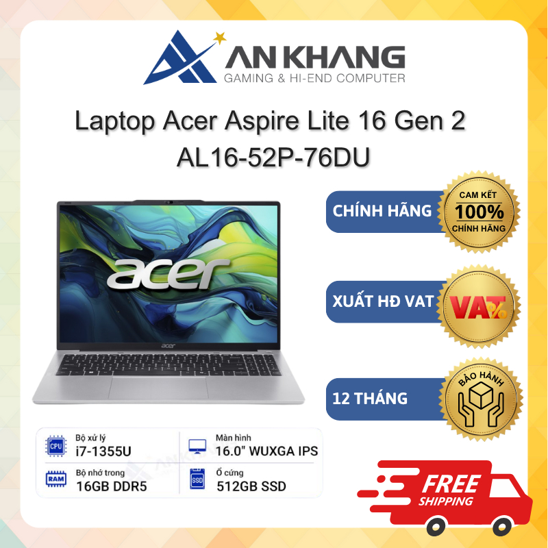 Laptop Acer Aspire Lite 16 Gen 2 AL16-52P-76DU ( i7-1355U, 16G, 512G,16" WUXGA, Win 11,Bạc) Chính hãng Bảo hành 12 Tháng | Shopee Việt Nam