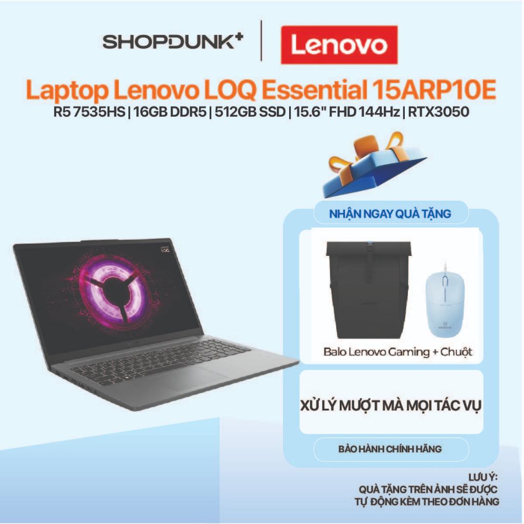 Laptop Lenovo LOQ Essential 15ARP10E (R5 7535HS | 16GB DDR5 | 512GB SSD | 15.6" FHD 144Hz | RTX3050) | Shopee Việt Nam