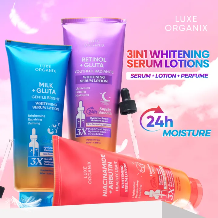(Halal) Luxe Organix Whitening Serum Lotion 350ml | Milk+Gluta/Niacinamide+Arbutin/Retinol+Gluta | Losyen Serum Pencerah