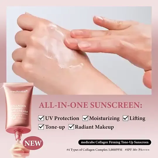 Medicube Collagen Firming Sun Cream SPF50+ PA++++ - 3-in-1 Tone-Up Sunscreen with SPF Firming & Brightening Benefits No White Cast