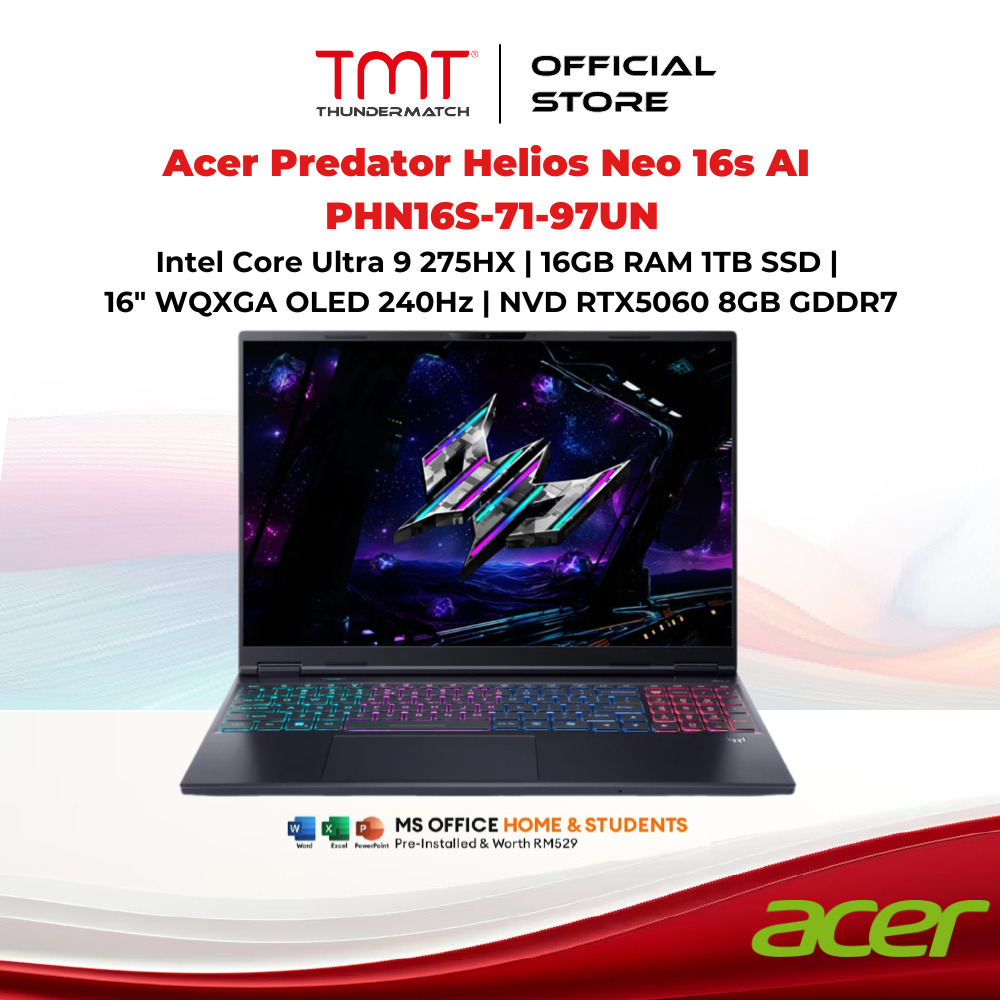 Acer Predator Helios Neo 16s AI PHN16S-71-97UN Gaming Laptop | Intel Core Ultra 9 275HX | 16GB RAM 1TB SSD | 16" WQXGA OLED 240Hz | NVD RTX5060 8GB | MS Office H&S | Win11 | 2Y Warranty GDT | Shopee Malaysia